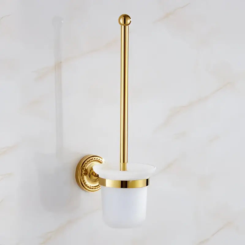 Gold-finished toilet brush holder with frosted ceramic base and wall mount in ornate decorbites brass gold bathroom hardware set