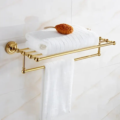 Ornate brass gold bathroom hardware towel rack with double-bar design and decorative ends by decorbites brass gold