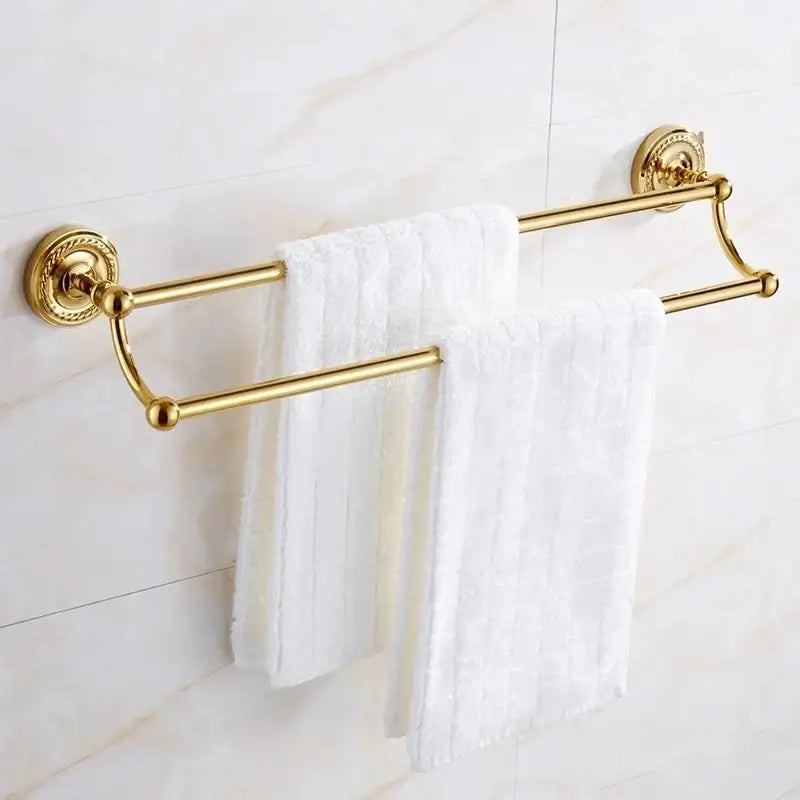 Ornate brass gold double towel rack with circular wall mounts and polished bars for brass gold bathroom decorbites hardware