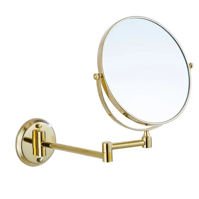 Wall-mounted gold bathroom hardware mirror with brass gold finish and articulated arm from decorbites brass gold set