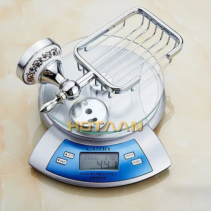 Chrome finished metal soap dish with ornate decorative brass gold mounting base for ceramic holder bathroom wall mount