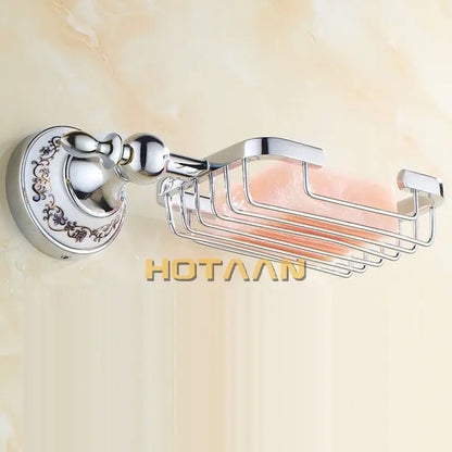 Chrome-finished ornate brass gold soap dish with decorative wall mount and wire mesh ceramic holder for bathroom use
