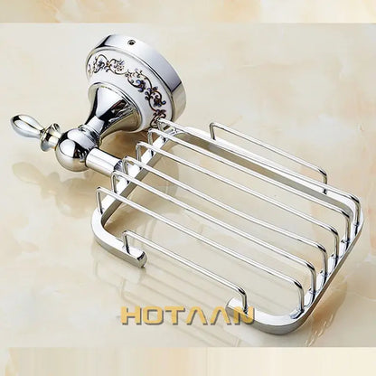 Ornate brass gold soap dish ceramic holder with shiny chrome finish and floral detailing for bathroom wall mount