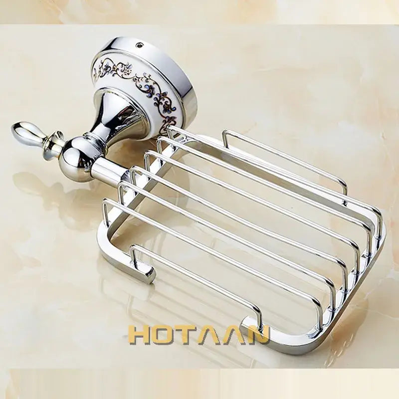 Ornate brass gold soap dish ceramic holder with shiny chrome finish and floral detailing for bathroom wall mount