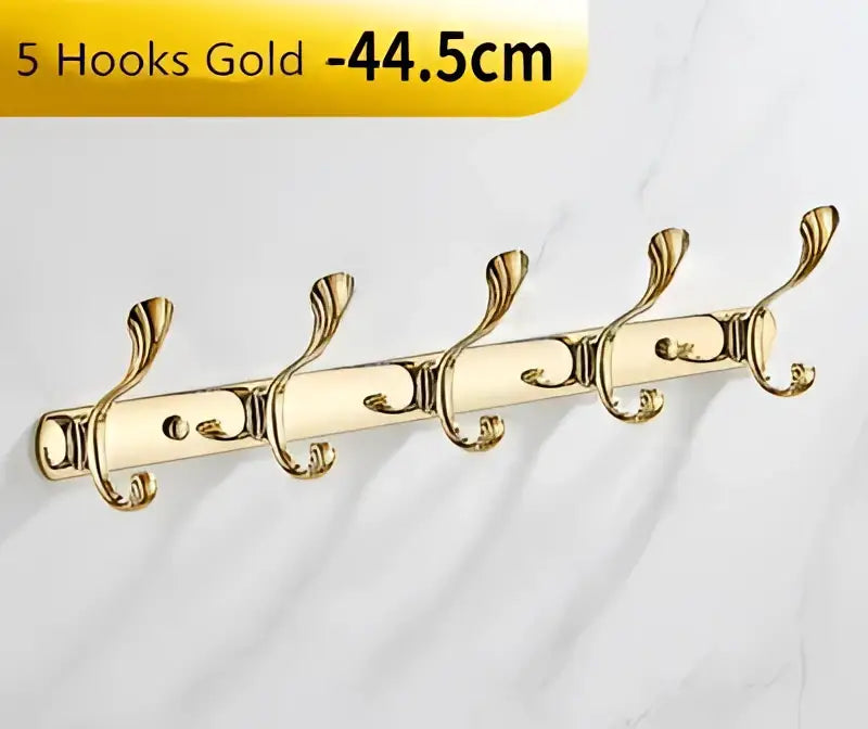 Ornate brass gold towel hook rack with five ornate hooks in gold-colored metal for bathroom and kitchen decorbites brass gold