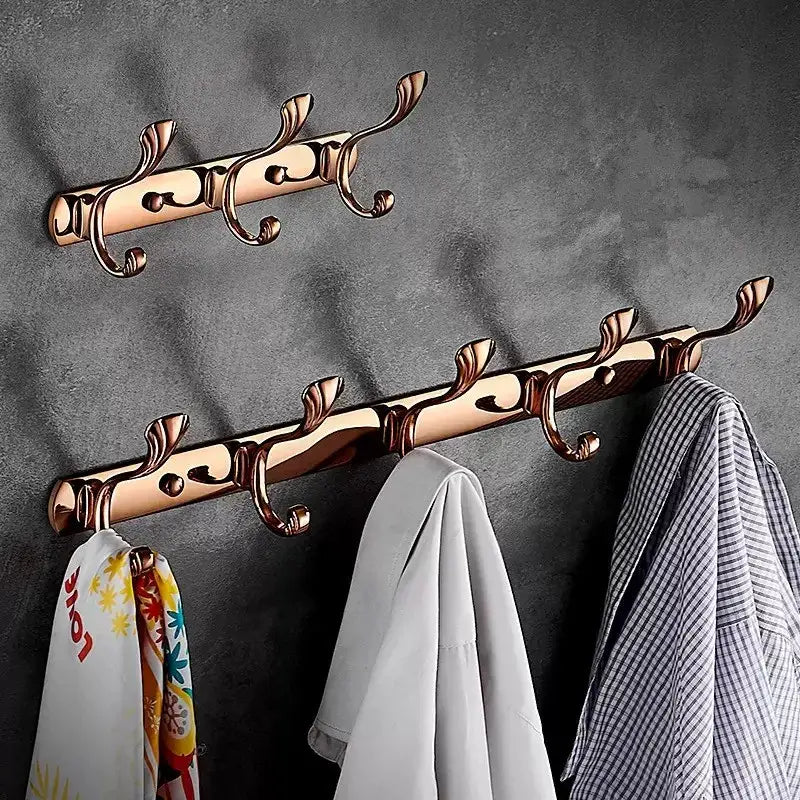 Ornate decorbites brass gold towel hook rack with five rose gold metallic leaf-inspired hooks for bathroom and kitchen decor