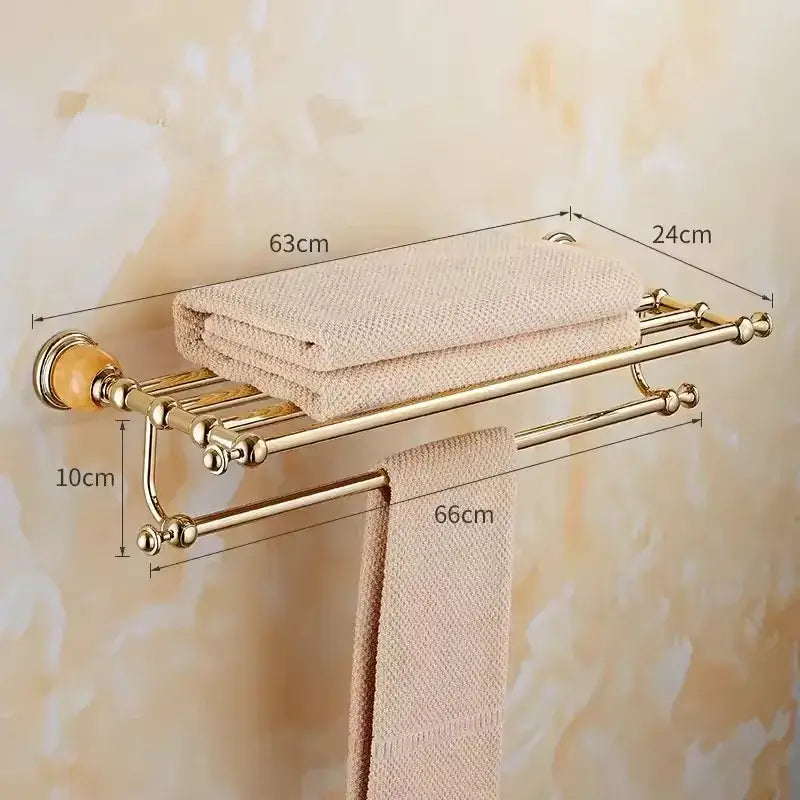 Gold-toned double-tier brass jade towel rack with wooden knob and ornate spherical accents for brass jade bathroom decorbites