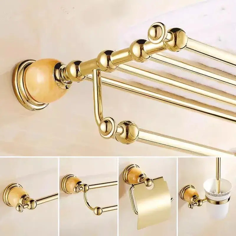 Ornate brass jade bathroom towel rack with gold finish warm amber ceramic knob and spherical accents by decorbites brass jade