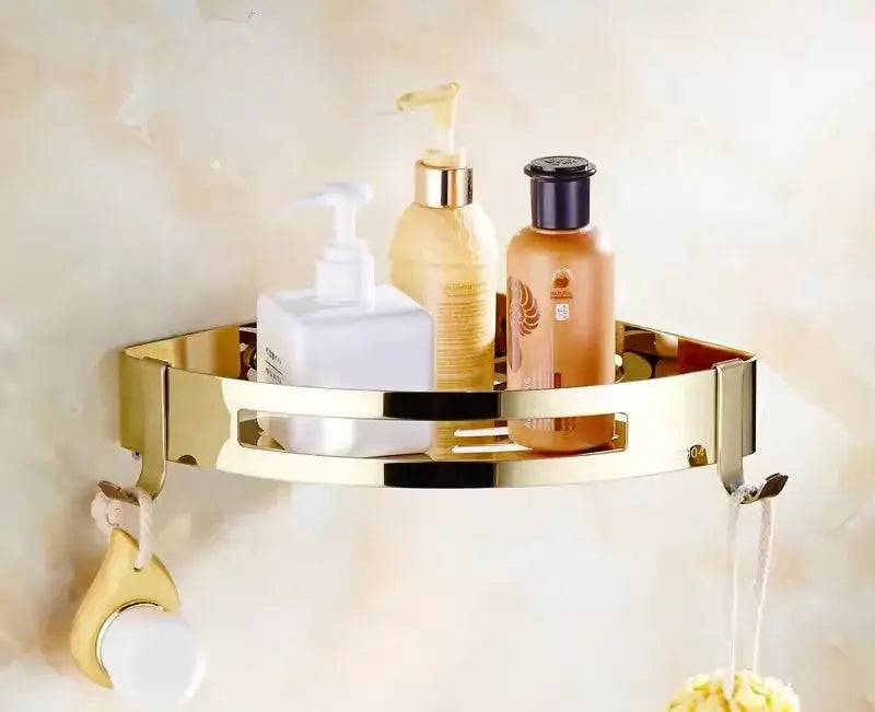 Gold-toned corner shower caddy with sleek reflective brass jade metal finish and integrated hooks for brass jade bathroom decorbites