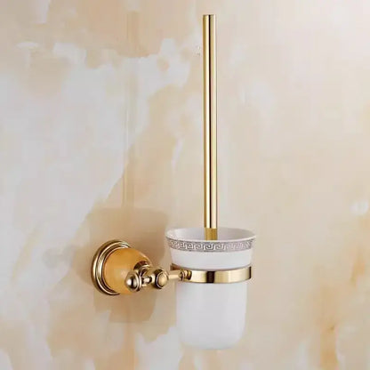 Gold-toned brass jade toilet brush holder with white ceramic greek key cup and frosted glass base for brass jade bathroom decorbites