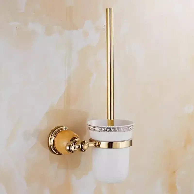 Gold-toned brass jade toilet brush holder with white ceramic greek key cup and frosted glass base for brass jade bathroom decorbites