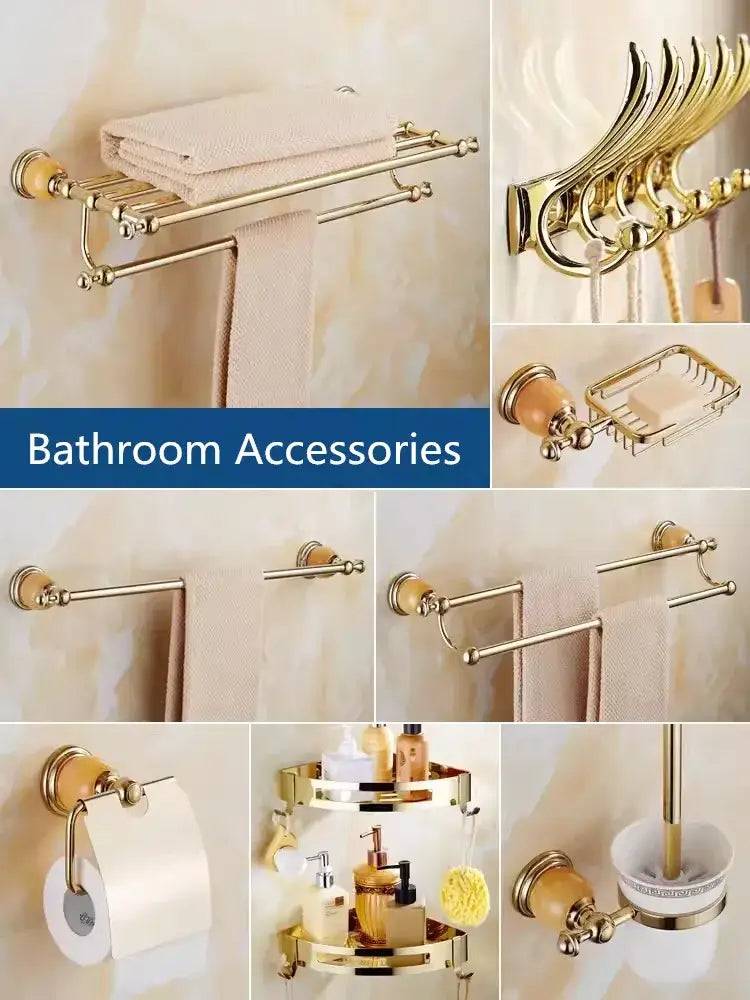 Ornate brass jade bathroom accessories set in gold-toned polished metal with amber accents and wooden details