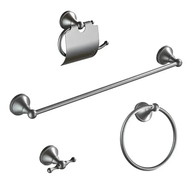 Ornate brushed nickel gray bathroom accessories set with towel bar, toilet paper holder, ring towel rack, and robe hook for decorbites gray bathroom