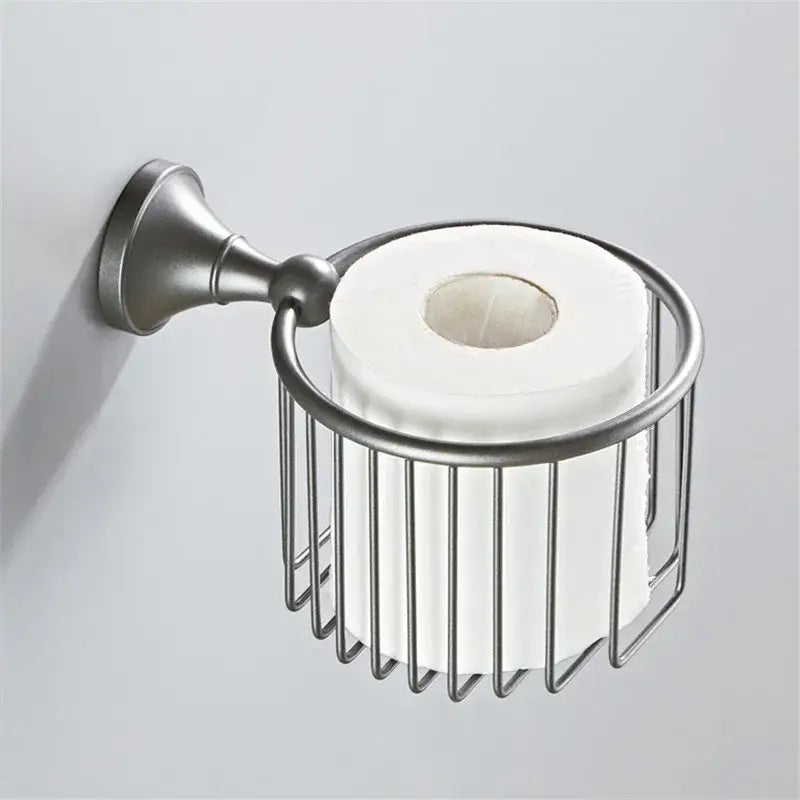 Ornate brushed nickel gray bathroom accessories set with silver-toned metal toilet paper holder wire basket decorbites gray bathroom