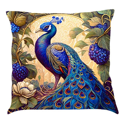 Ornate cat design linen pillowcase with vibrant blue peacock and floral motifs for living room decorbites cat design