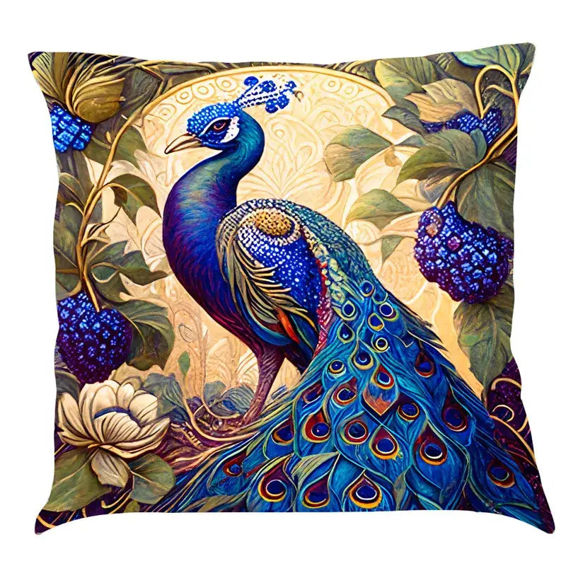 Ornate cat design linen pillowcase with vibrant blue peacock and floral motifs for living room decorbites cat design
