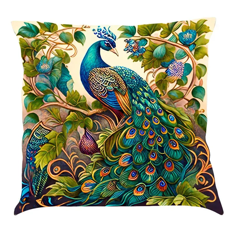 Ornate cat design linen pillowcase featuring vibrant teal and blue peacock feathers on decorative living room cushion cover