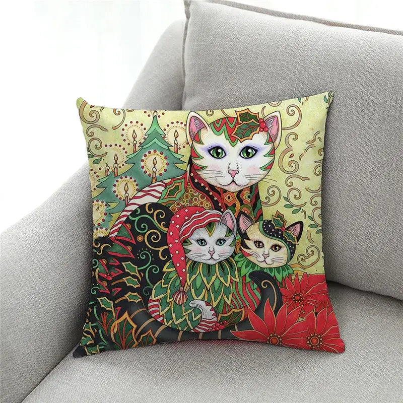 Ornate cat design linen pillowcase with colorful festive cats and christmas trees for living room decorbites cat design