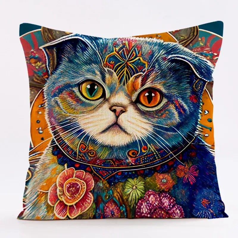 Ornate cat design cat design linen pillowcase featuring a vibrant blue cat with multicolored eyes and floral decorbites cat design patterns