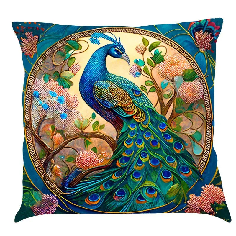 Ornate cat design linen pillowcase featuring a vibrant peacock and floral patterns on deep teal for living room decorbites cat design