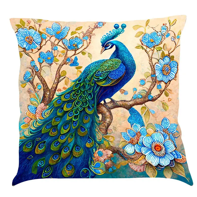 Ornate cat design linen pillowcase featuring vibrant peacock print on square cushion cover for living room decorbites cat design