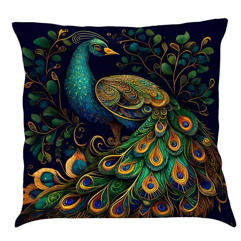 Ornate cat design linen pillowcase featuring a vibrant peacock on deep navy for elegant living room decorbites cat design