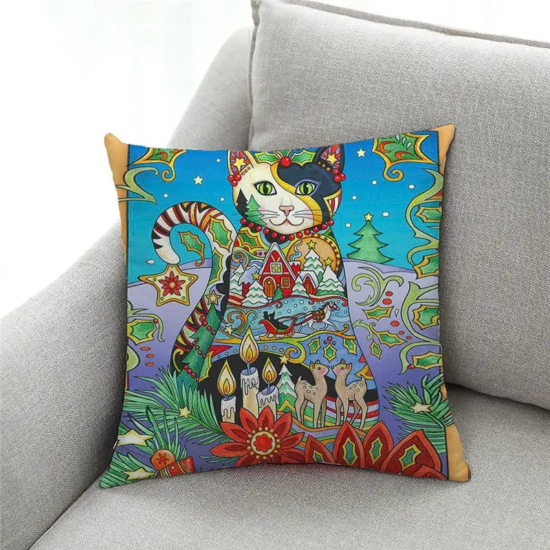 Ornate cat design linen pillowcase featuring vibrant christmas-themed decorbites cat design for living room cushion cover