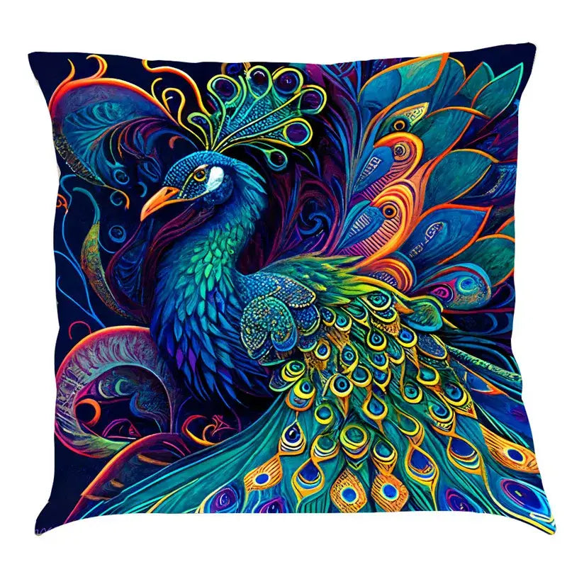 Ornate cat design linen pillowcase with vibrant peacock motif in blues golds on deep navy for living room decorbites cat design