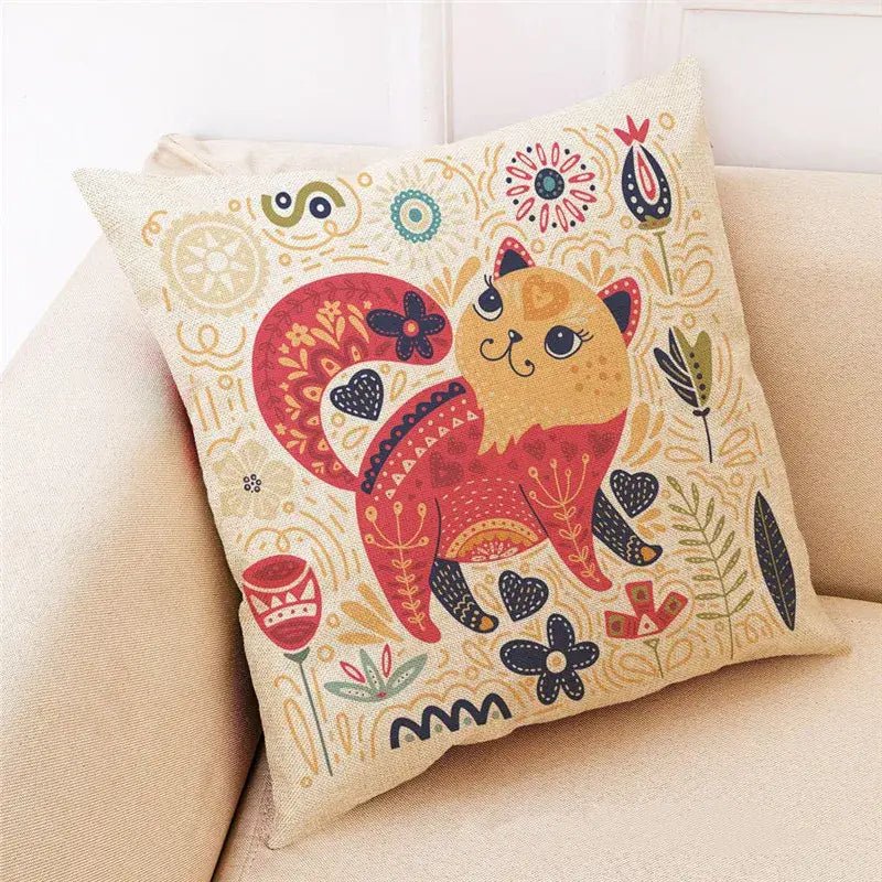 Beige linen pillowcase featuring a colorful decorbites cat design with floral patterns for living room decor