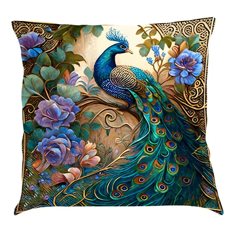 Ornate cat design linen pillowcase with vibrant peacock and gold patterns in blue green purple for living room decorbites cat design