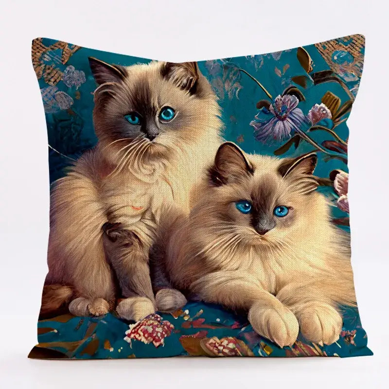 Ornate cat design linen pillowcase featuring two cream cats with blue eyes on a teal floral decorbites cat design cover