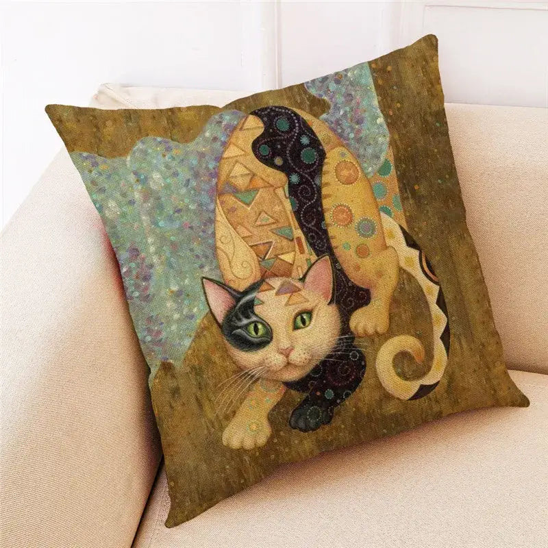 Ornate sq cushion with decorbites cat design featuring green eyes and geometric patterns on cat design linen cover