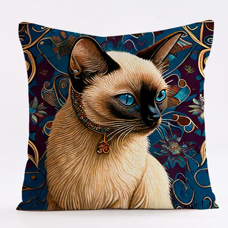 Square linen pillowcase with ornate decorbites cat design of siamese cat in blue and purple for living room decor