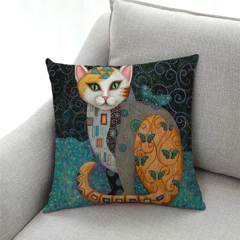 Ornate cat design linen pillowcase with stylized orange and white cat green eyes geometric patterns decorbites cat design