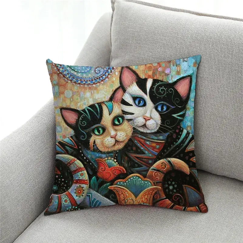 Ornate cat design linen pillowcase featuring vibrant black white orange teal and red decorbites cat design for living room decor