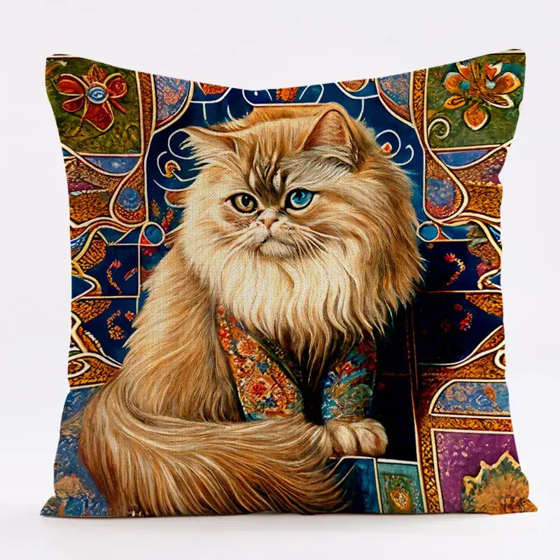 Ornate cat design linen pillowcase featuring a fluffy long-haired cat with heterochromatic eyes for living room decorbites cat design