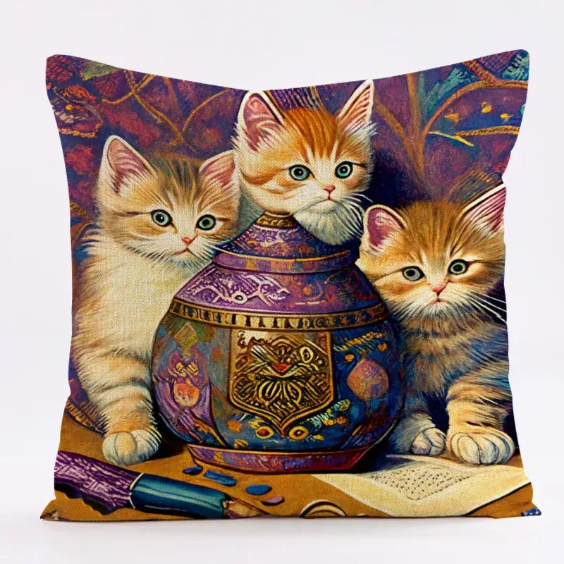 Square linen pillowcase featuring a decorbites cat design with three orange kittens around a purple and gold jar for living room decorbites cat design
