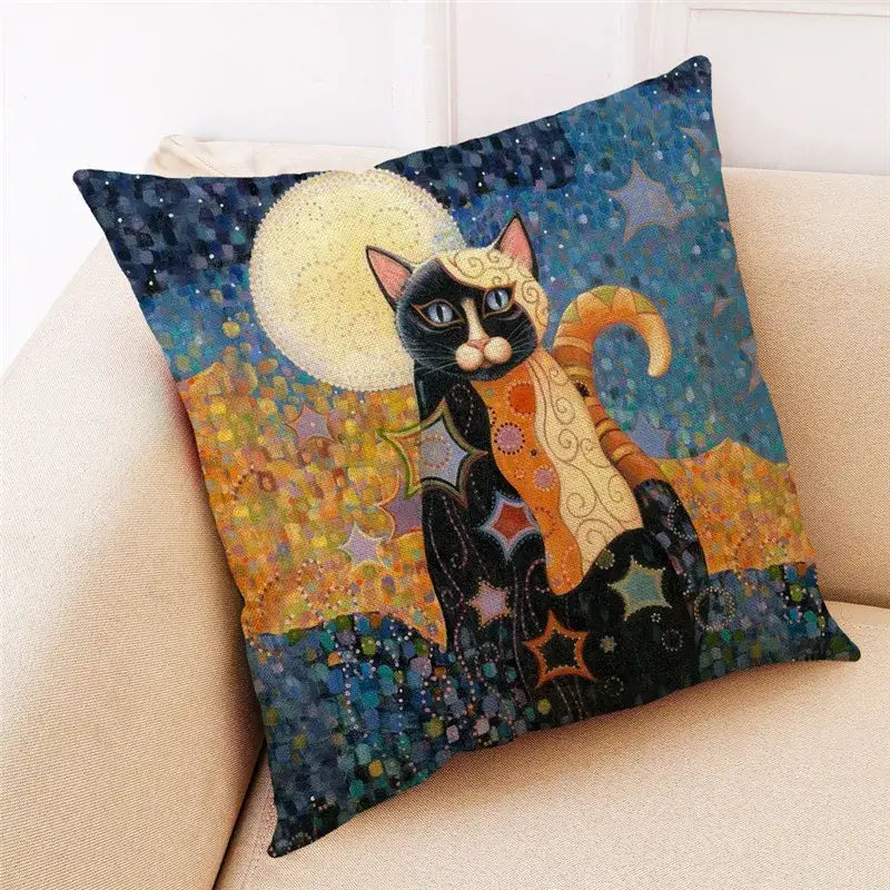 Ornate decorbites cat design linen pillowcase features a black cat with orange accents on a starry night sky background