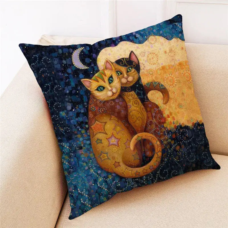 Square cushion with vibrant ornate cat design linen pillowcase featuring two cats against a starry night sky decorbites cat design