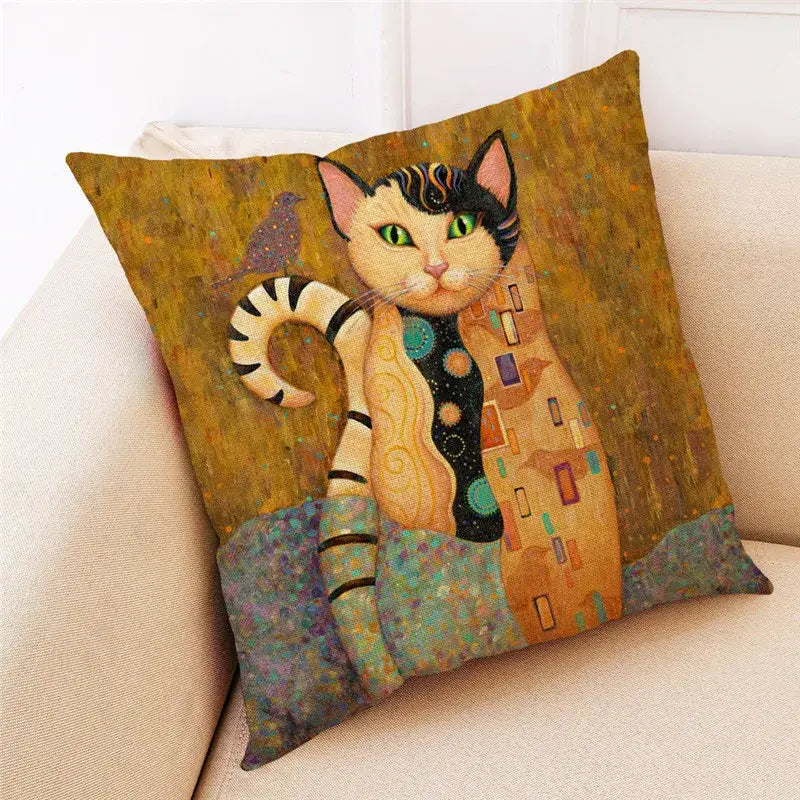Square throw pillow with decorbites cat design in warm orange black on cat design linen with gold background for living room