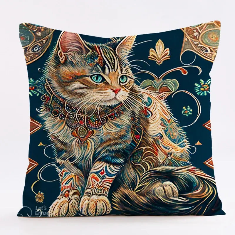 Ornate cat design linen pillowcase with turquoise eyed tabby cat and gold fleur-de-lis on dark blue living room cushion cover decorbites cat design