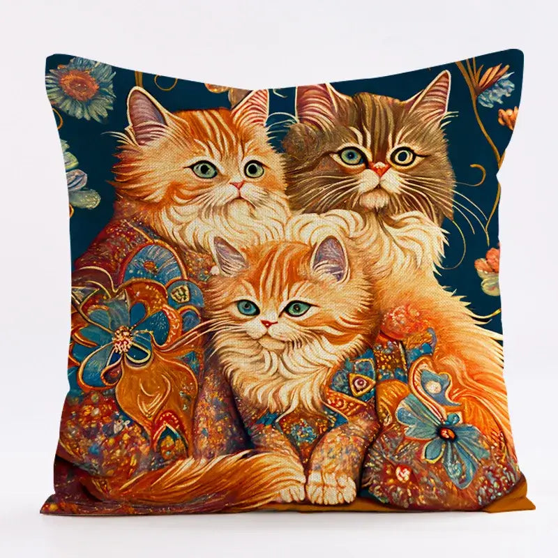 Square cat design linen pillowcase featuring vibrant orange and brown cats on deep blue floral decorbites cat design cover