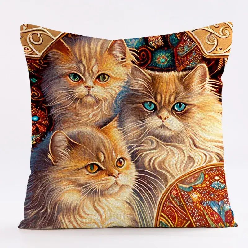 Square linen pillowcase with vibrant decorbites cat design of three fluffy cats and ornate warm gold patterned background