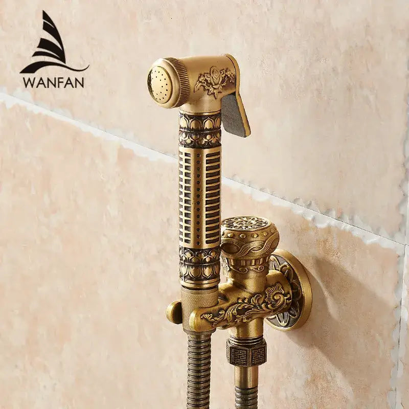 Ornate engraved gold brass wall mounted bidet faucet with intricate floral and geometric embossing for bathroom decorbites brass wall use