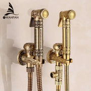 Ornate engraved gold brass wall mounted bidet faucet sprayer with intricate floral and geometric patterns decorbites brass wall