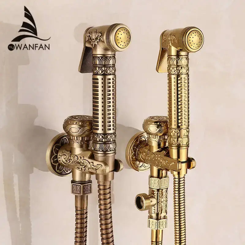 Ornate engraved gold brass wall mounted bidet faucet sprayer with intricate floral and geometric patterns decorbites brass wall