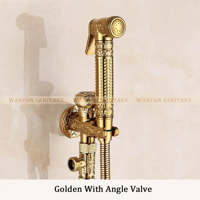 Ornate engraved gold brass wall mounted bidet faucet with matching decorbites brass wall handheld showerhead and valve assembly