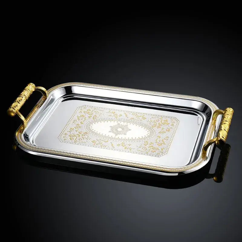 Rectangular silver serving tray with ornate gold handles and floral etched design for animal head ceramic shot glasses
