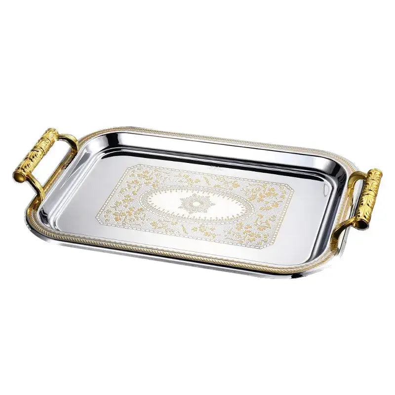 Rectangular silver serving tray with gold-toned handles and ornate floral pattern for animal head ceramic shot glasses