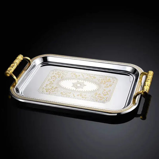 Rectangular silver tray with gold-handled ornate handles and floral etched design for animal head ceramic shot glasses